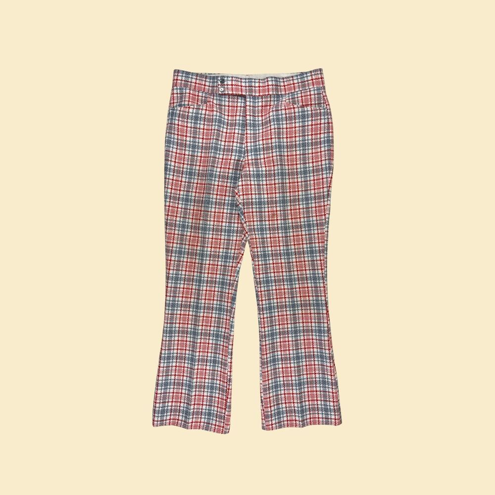 1970s flare leg pants, vintage 39x40 knit plaid red, white & blue trousers